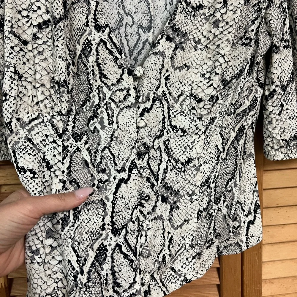 Reformation Black and White Snakeskin Deep V Buttoned Blouse